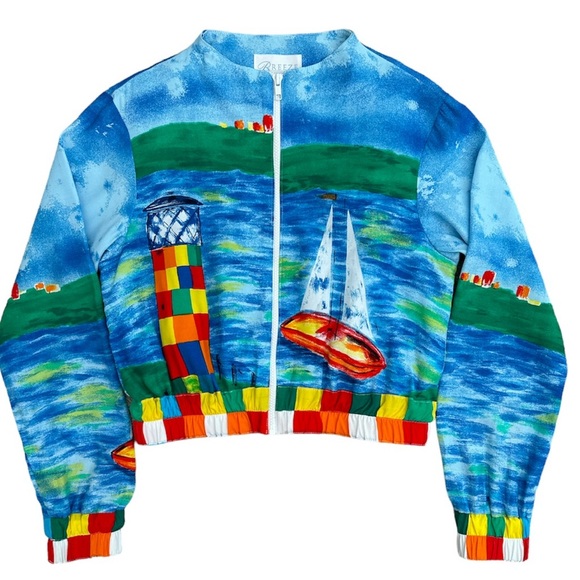 Breeze by Dorothy Schoelen colorful nautical all over print zip up crop jacket S - Picture 1 of 6